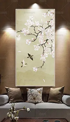 新中式手绘玉兰工笔花鸟玄关背景墙装饰画