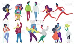 小巧时髦的抽象人物搭配时令服装。男女平面卡通彩色矢量插图。