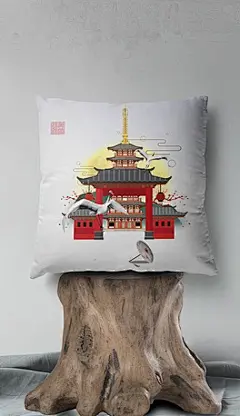 中式极简手绘插画夫子庙民俗家居抱枕图案