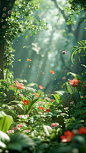 Pixar style 8K, vibrant and diverse forest setting, showcasing the adventure of a small pig named Pes, intricate details of the forest with lush greenery, a variety of plants and flowers, soft and natural lighting casting dappled shadows, a sense of myste