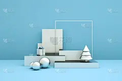 圣诞快乐，新年快乐3d渲染与圣诞球，圣诞树，礼盒，平台的产品展示，模拟。冬季装饰，圣诞最小设计