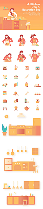家庭主妇人物厨房美食食物场景图标ui网页APP元素AI矢量设计素材