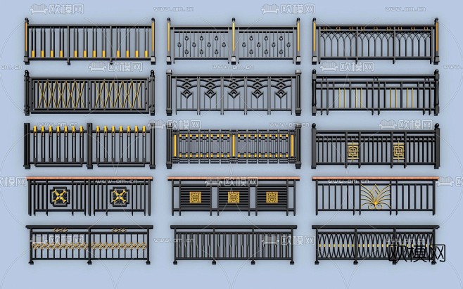 现代铁艺栏杆护栏3d模型下载_ID：10...