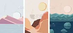 东方日式抽象图案背景设计，几何景观，自然，山，湖，海，太阳