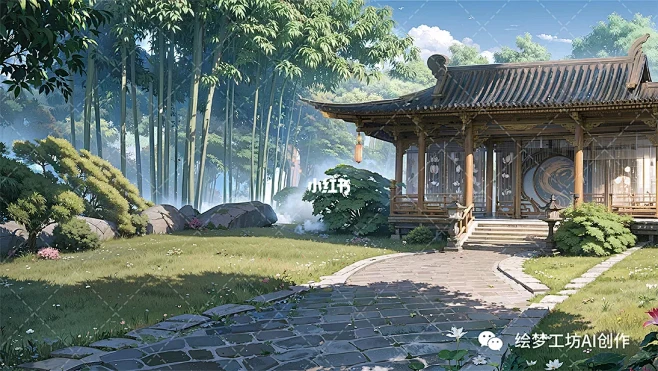 【绘梦工坊】AI绘画古风室外场景《逸庭》-花瓣网