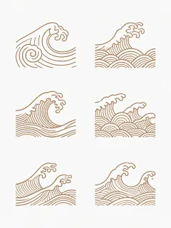 六个不同样式和风格的波浪图案，以整齐的垂直排列方式分布在纯白色背景上，采用传统日式波浪纹样的线条风格，以统一的淡棕色线条勾勒，包含漩涡状浪花、翻涌的波浪峰、层层叠叠的水纹等多种波浪形态，线条流畅细腻，具有古典装饰美感，每个波浪图案独立成组且间距均匀，整体呈现出有序的图案化设计感。