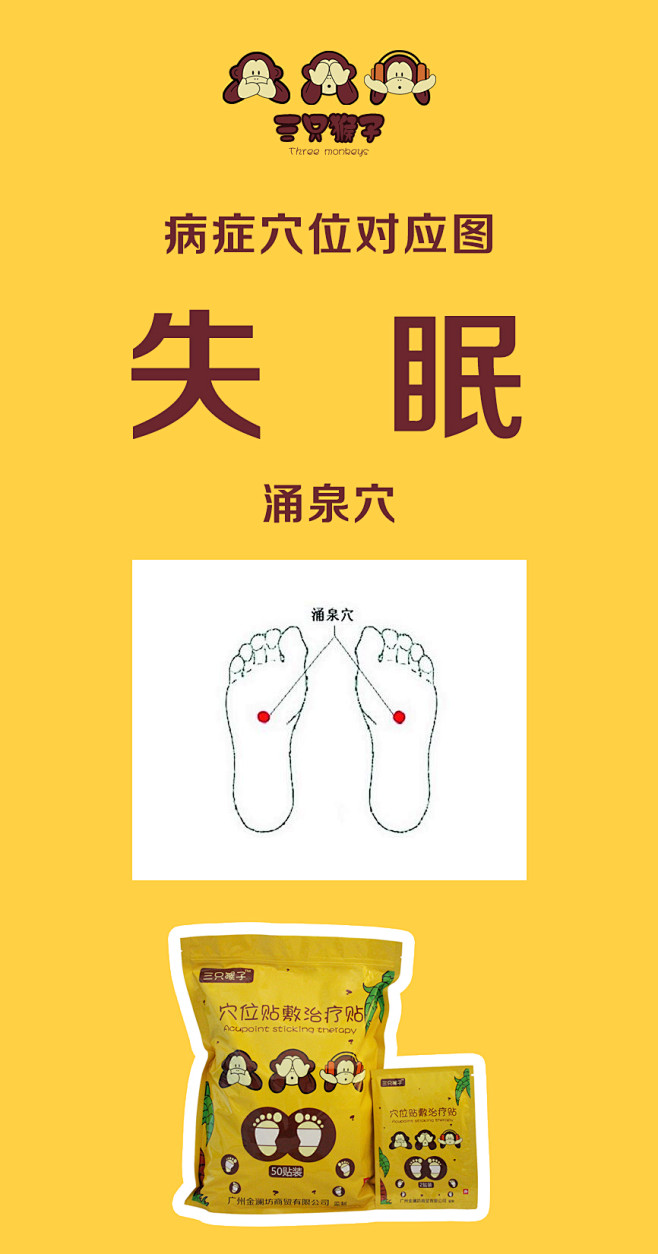 三只猴子微商三只猴子穴位贴三只猴子足贴改善失眠贴敷穴位示意图