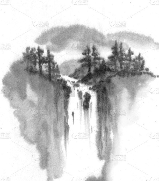 瀑布。背景与山脉。墨山风景。山在雾中。传统东方水墨画。山的风格，水的风格。黑色和白色。中式，日式传统