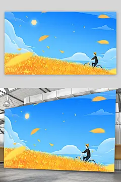 在田野中骑车的男子手绘插画设计-众图网