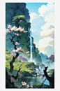 AI数字艺术二次元瀑布风景场景插图-众图网