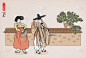 韩国传统绘画-夫妇穿着韩国传统服装(韩服)。手绘/矢量插图。