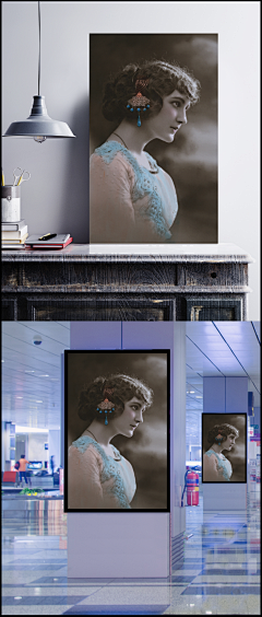 戴着头饰低头抬眼望的女子