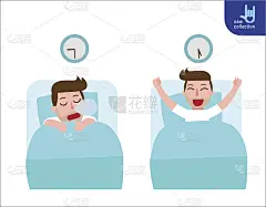 快乐的人在伸展床上醒来。和睡觉。早安，晚安。人们健康的生活方式观念。矢量平面风格卡通人物设计插图孤立