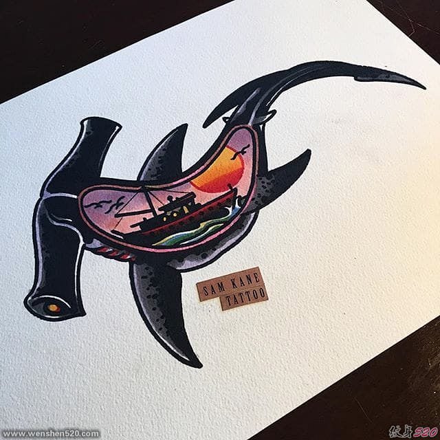 大海风景纹身动物鲨鱼纹身帆船手稿