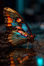 beautiful butterfly resting on a reflective surface with detailed emphasis on the iridescent scales as captured from a professional camera using a tight macro lens. Photo is an extreme close up to reveal intricate butterfly wing, hair, and scale details, 