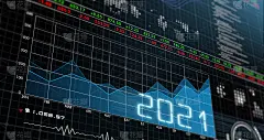 2021新年用未来主义的股票交易所金融图图表电脑屏幕AI云技术HUD界面，商业金融投资符号人工智能大