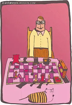 带眼镜的男人下棋插画矢量EPS素材|插画|戴眼镜|国际象棋|猫|免费下载|男性男人|生活百科|矢量|矢量素材|体育运动