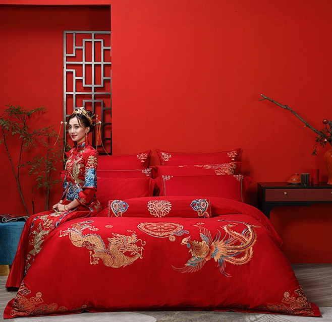 水星家纺 婚庆绣花龙凤结婚六件套龙凤瑞彩...