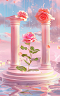 three rose stands above the water in a pink background, in the style of daz3d, neoclassical compositions, vibrant stage backdrops, romantic ruins, ceramic, kawaii aesthetic, concert poster