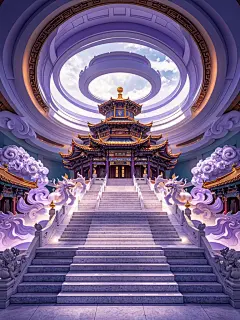 融合了天庭元素，中国古代元素的现代博物馆，紫色玉石的装饰和神秘的云雾氛围。规模庞大，气势恢宏，中国神话人物，栩栩如生，