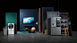 starting from the left, lg signature washing machine, oled tv w, refigerator is displayed with some green and blue wall in some place like a dark studio