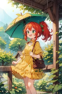 2-一个穿着黄色连衣裙的女孩站在窗户前，拿着一把黄色的雨伞和一把绿色的椅子，1个女孩，红发，高马尾，从外面，雨，独奏，透明，透明的雨伞，绿叶，售卖机，