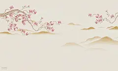 中式 花 树枝 粉色 山 刺绣 手绘   室内软装装修设计 壁画 墙布 壁纸 墙画 电视床头客厅背景墙 卧室 别墅 酒店