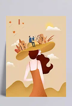 秋天的思念手绘插画|黄色,秋天,秋季,立秋,秋分,秋思,九月你好,秋天你好,远山,人物,插画女孩,女孩,花草,云,插画