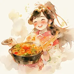 水彩画中国传统少女吃火锅，一个唐代的奇幻海报