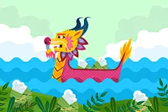 手绘小清新端午节划龙舟包粽子插画