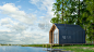 木屋在斯堪的纳维亚现代风格与大窗户俯瞰湖，壁炉在日落的背景下，绿色的针叶林和蓝天。三维演示