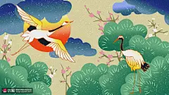 多彩手绘飞鹤红日中国古风国潮插画 民俗民风 中国风