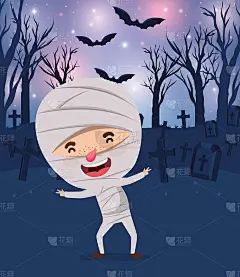 万圣节季节的场景与男孩服装木乃伊