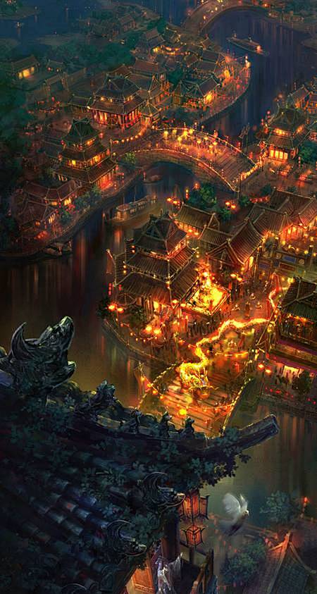 古典中国风城镇夜景插画手机墙纸