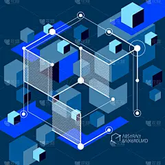 等距抽象深蓝色背景与线性维立方体形状, 矢量3d 网格元素。多维数据集、六边形、正方形、矩形和不同抽