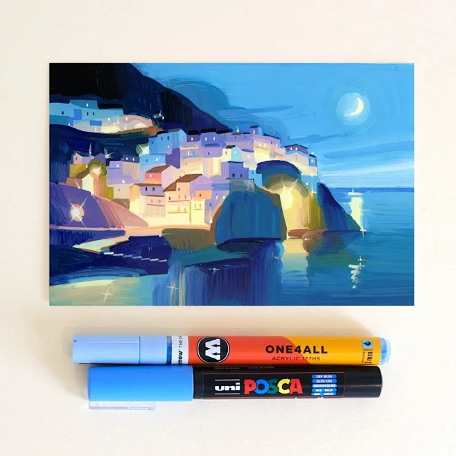 「五渔村的夜晚」丙烯马克笔手绘_1_画画的Angela_来自小红书网页版-花瓣网