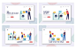 Characters visiting laundry landing page template set. people loading dirty clothes to huge washing machine, take out clean dresses and hang on rope, laundrette service. cartoon vector illustration