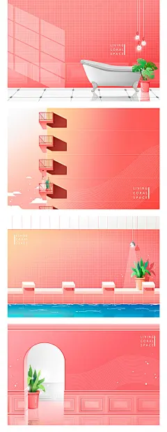扁平红色橘红色风格室内家装柜子餐桌户外风景插画PSD分层素材-淘宝网