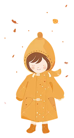 橙色—穿黄色雨衣的女孩快乐地抱着秋叶