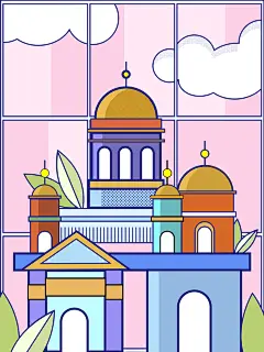 粉蓝手绘扁平清新几何分隔建筑插画