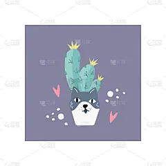 花盆在猫的形状周围的心与仙人掌在斯堪的那维亚风格。独特的手绘幼儿园海报。现代向量插图。