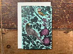 亚麻油毡印刷黑鸟贺卡鸟生日贺卡蓝山雀图像 1