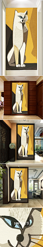 一只蹲坐的猫咪古埃及风欧美抽象玄关壁画