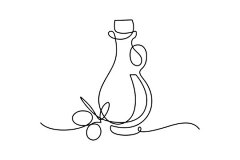 一笔画 | 图源免费EPS文件 |Olive oil in continuous line art drawing style. Glass bottle jug and olive tree branch with fruits and leaves minimalist black linear sketch isolated on white background. Vector illustration