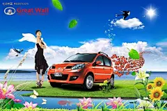 长城汽车时尚春天海报PSD分层素材|白云|长城汽车|海报|荷花|荷叶|蝴蝶|靓丽美女|蓝天|绿叶|热带鱼|设计模板|时尚春天|鲜花|向日葵|燕子