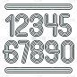 一套时尚的迪斯科矢量数字，现代数字集合。从0到9的时髦数字最适合用于海报艺术。使用几何三条纹创建。