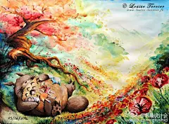 许多日本动漫迷们都能容易的辨认出这组由艺术家Louise Terrier绘制的水彩画，画面中的人物多是从Ghibli工作室中的动漫人物为灵感，按照艺术家自己的思路画出来的。#求是爱设计#