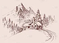 山区避难舱。冬季高山景观矢量手绘