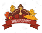 Happy thanksgiving day with turkey wearing pilgrim hat and leafs Premium Vector