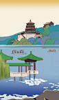 中国风新中式古风北京颐和园旅游城市仿古浮世绘风景插画